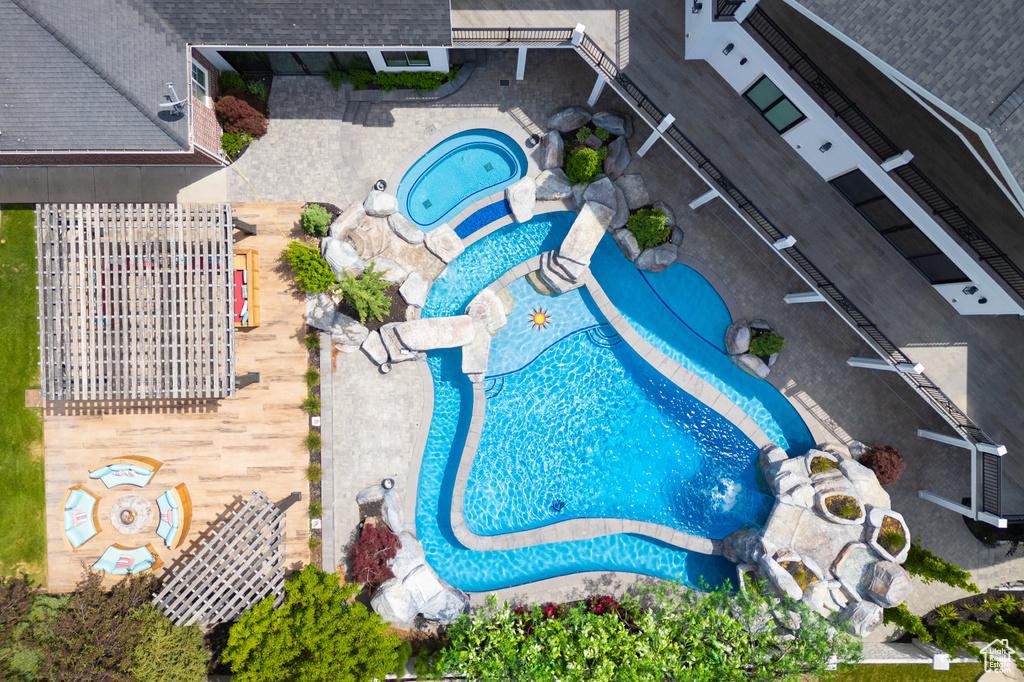 Drone / aerial view of a pool