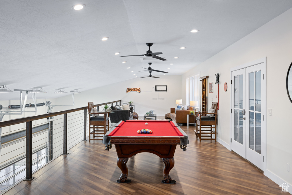 Playroom with ceiling fan, wood finished floors, billiards, recessed lighting, and vaulted ceiling