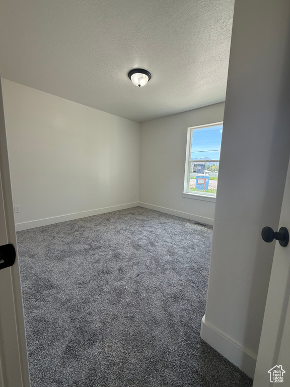 Spare room with a textured ceiling, baseboards, and carpet