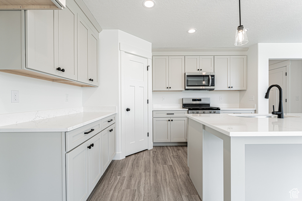 Kitchen with stainless steel appliances, recessed lighting, light wood-style floors, decorative light fixtures, and range hood