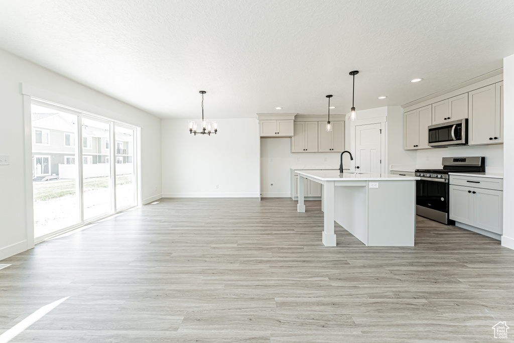 Kitchen with appliances with stainless steel finishes, a chandelier, recessed lighting, light wood-type flooring, and an island with sink