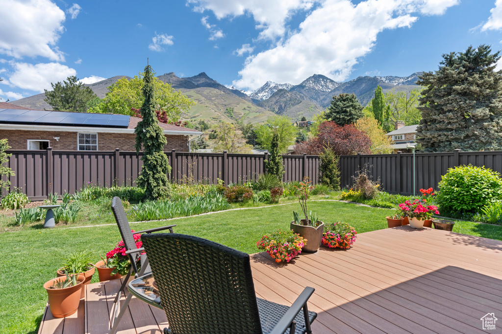 Deck with a lawn, a mountain view, and a fenced backyard