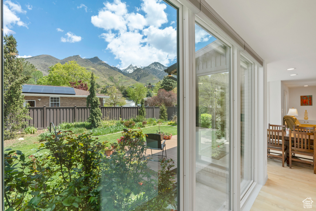 Entryway featuring a mountain view and wood finished floors