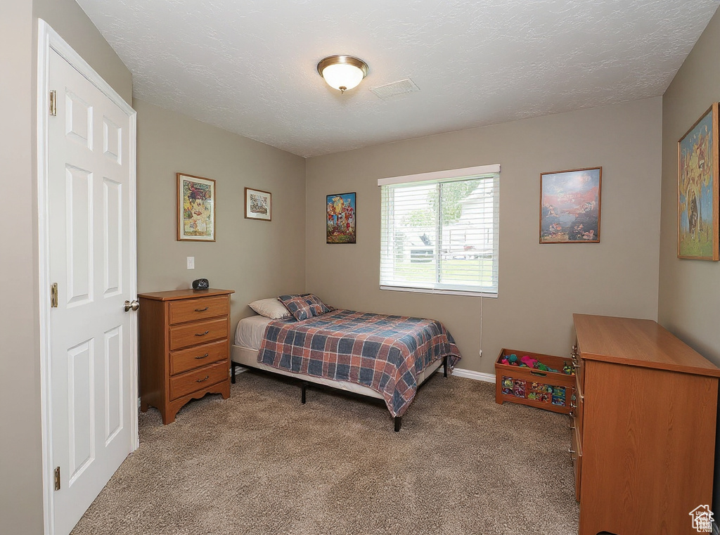 Bedroom with light colored carpet
