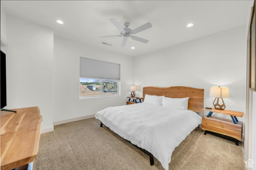 Bedroom with visible vents, recessed lighting, carpet flooring, and baseboards