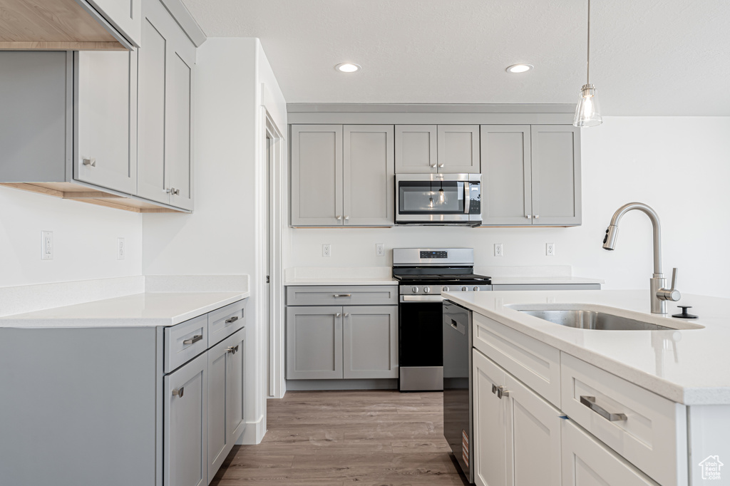 Kitchen featuring stainless steel appliances, gray cabinetry, recessed lighting, light countertops, and light wood-style floors