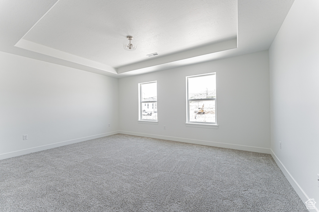 Spare room with a tray ceiling and light colored carpet