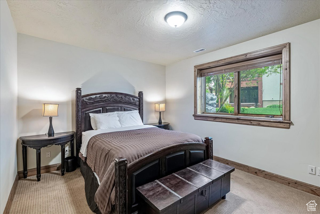 Carpeted bedroom with baseboards and a textured ceiling