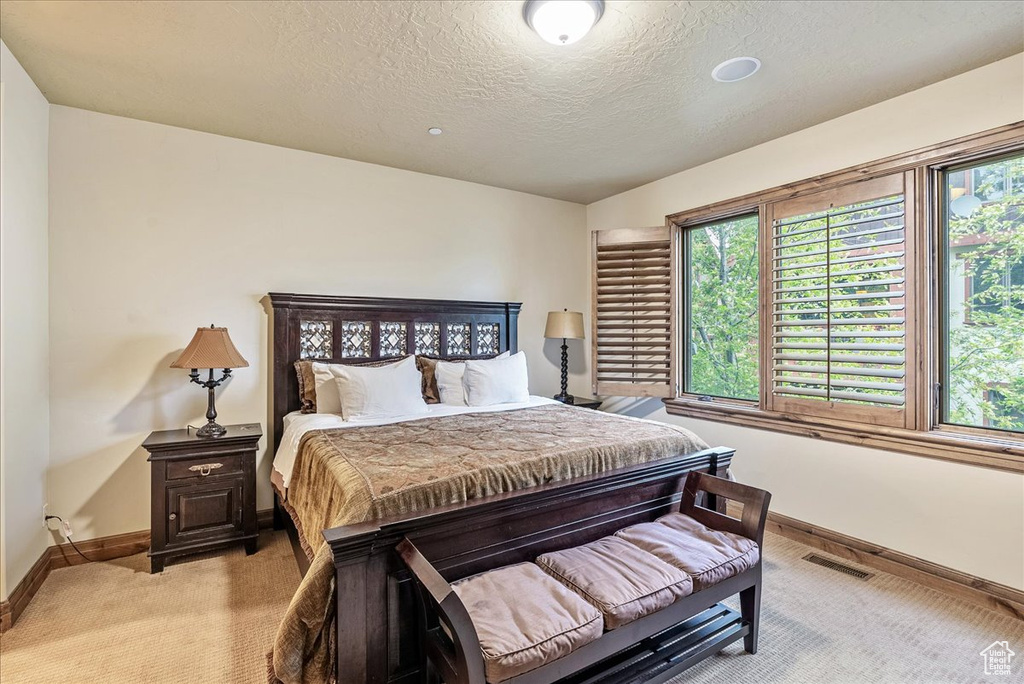 Bedroom featuring light colored carpet, baseboards, and a textured ceiling