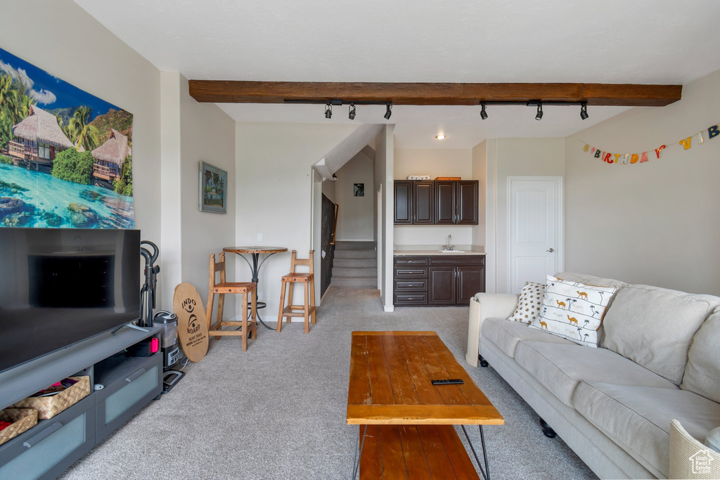 Living area with track lighting, beam ceiling, and light colored carpet