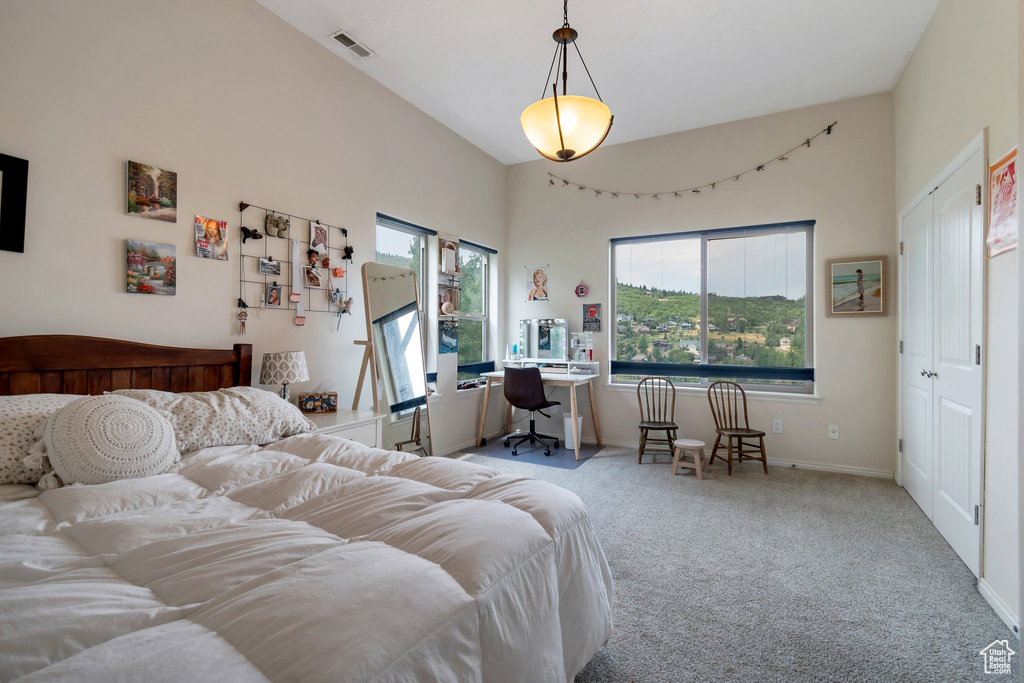 Bedroom with carpet floors, visible vents, and baseboards