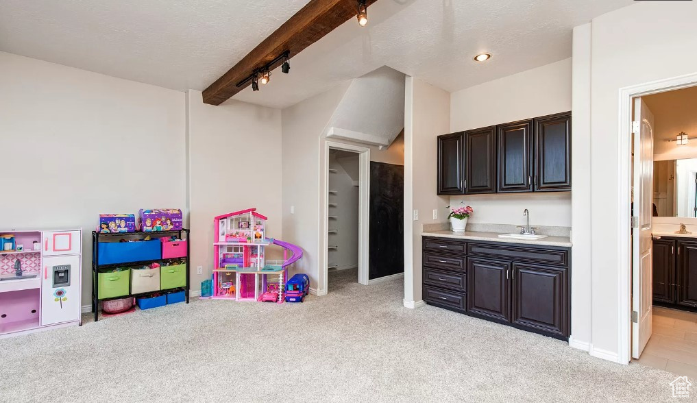 Rec room with light colored carpet, wet bar, a sink, and baseboards