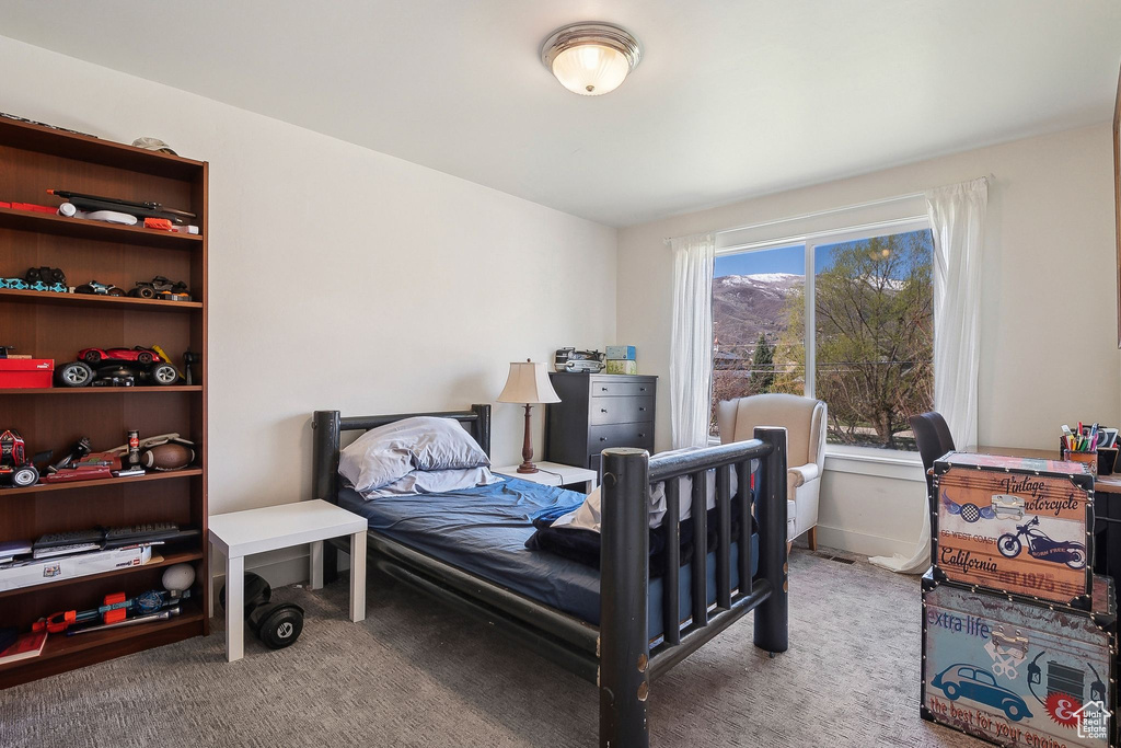Bedroom with light colored carpet