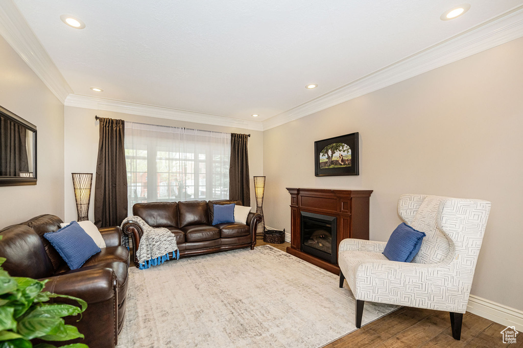 Living area featuring recessed lighting, wood finished floors, ornamental molding, baseboards, and a fireplace