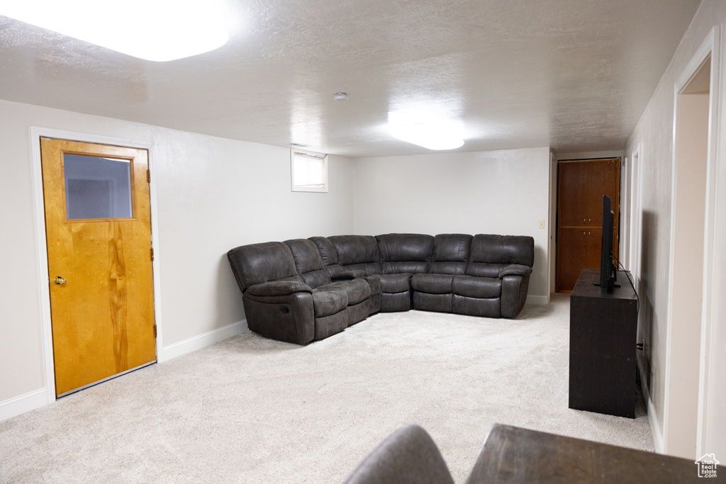 Living area with baseboards and carpet