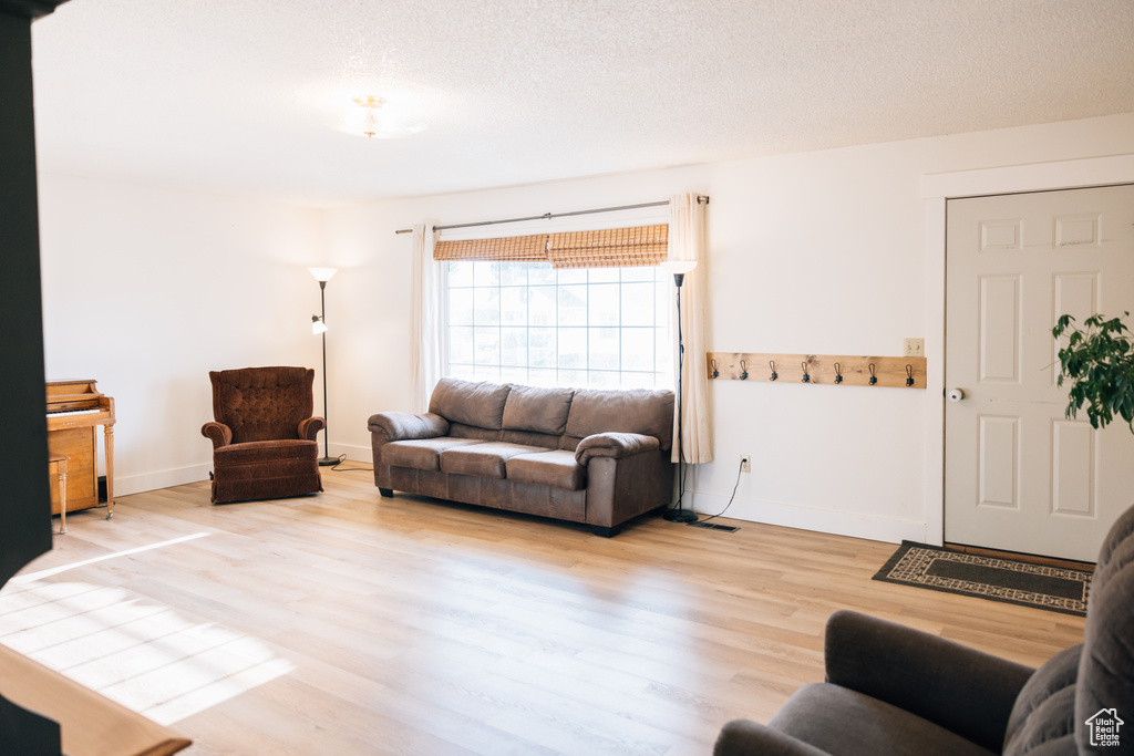 Living area featuring baseboards, wood finished floors, and a textured ceiling