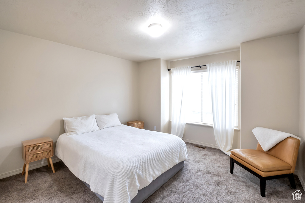 Bedroom with carpet floors, visible vents, and baseboards