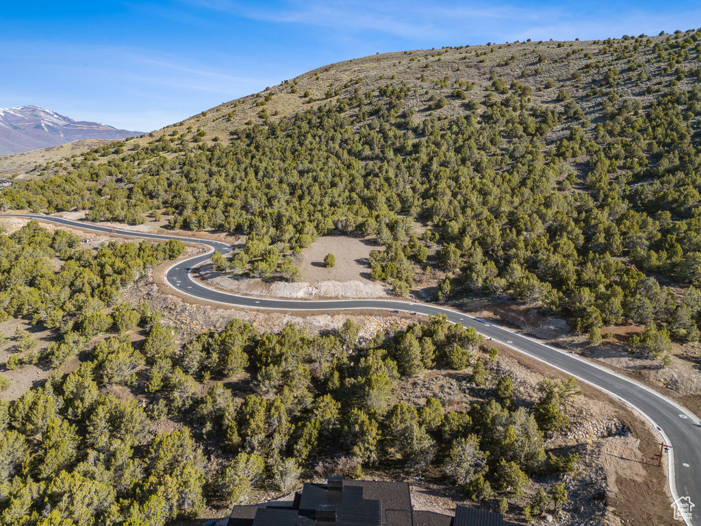 Aerial view of property's location with a mountain backdrop and a forest