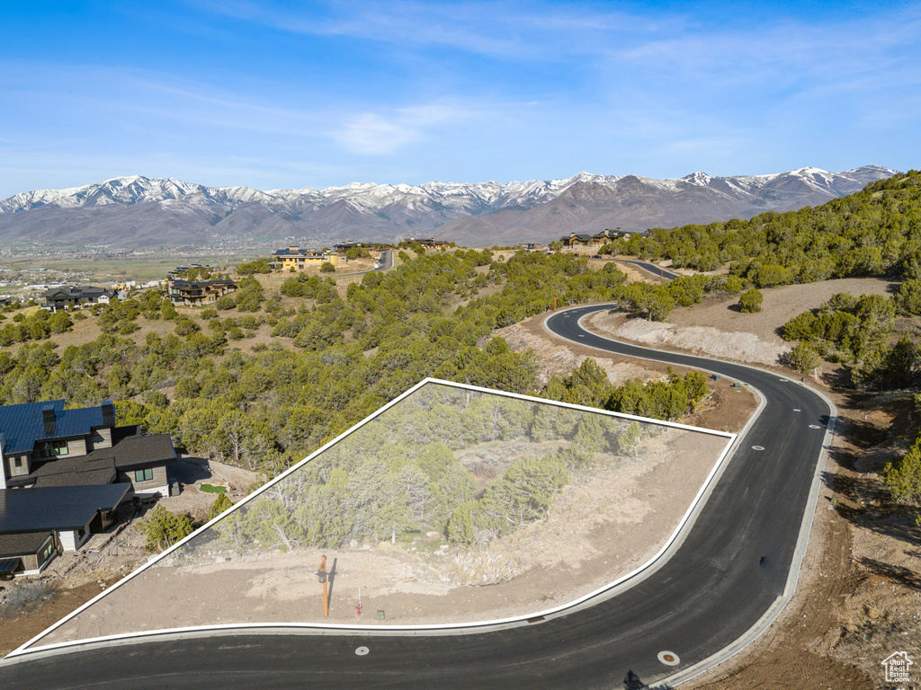 Aerial view of property's location with property parcel outlined and a mountainous background