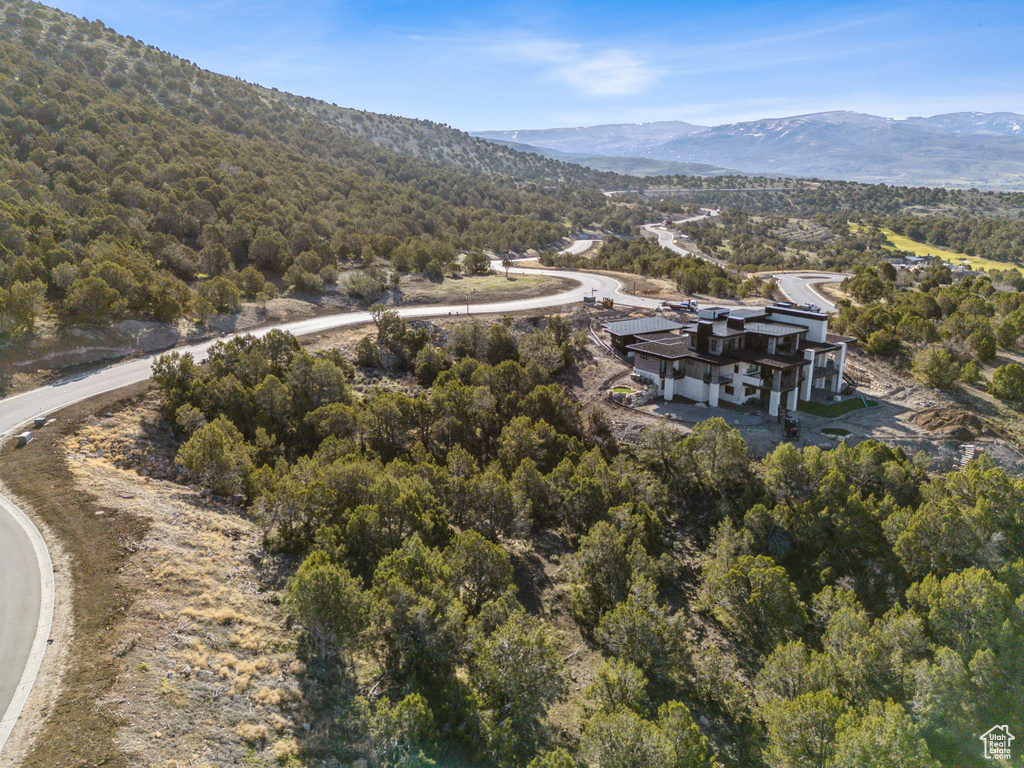 Aerial overview of property's location with a mountain backdrop and a heavily wooded area