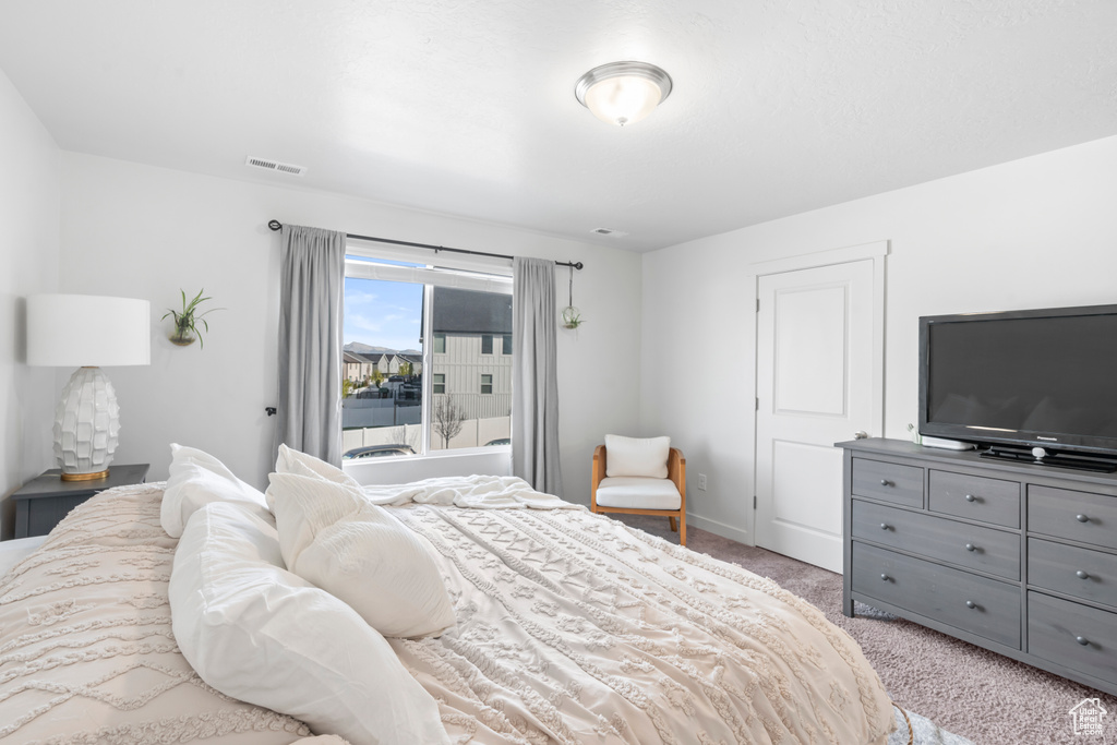 Bedroom with baseboards, visible vents, and light colored carpet