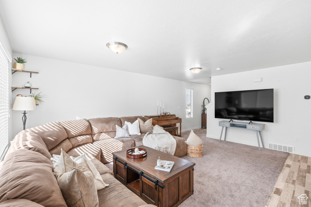 Living room with carpet floors, visible vents, and baseboards