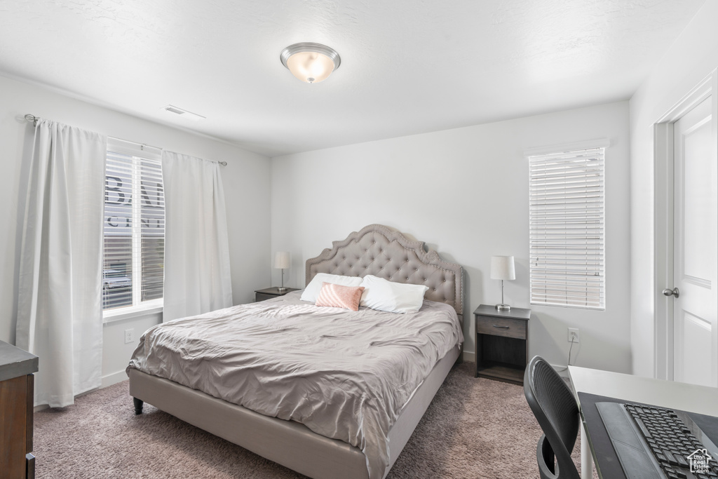 Carpeted bedroom with baseboards and visible vents