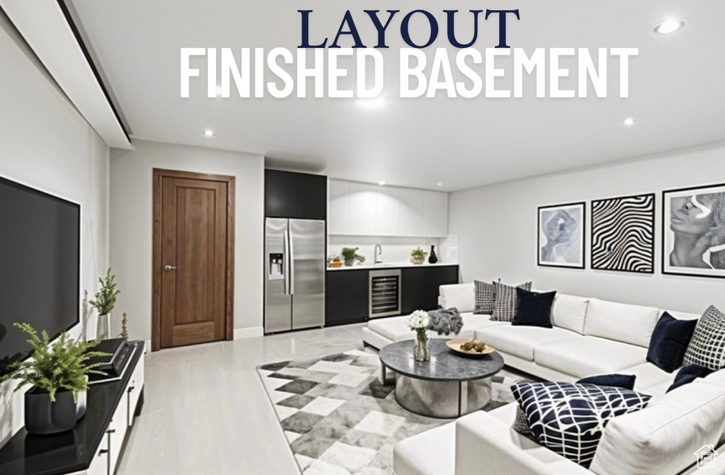 Living room featuring recessed lighting and beverage cooler