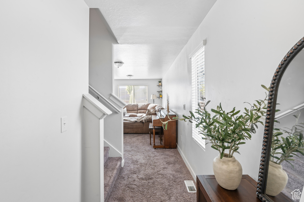 Corridor featuring carpet floors and visible vents