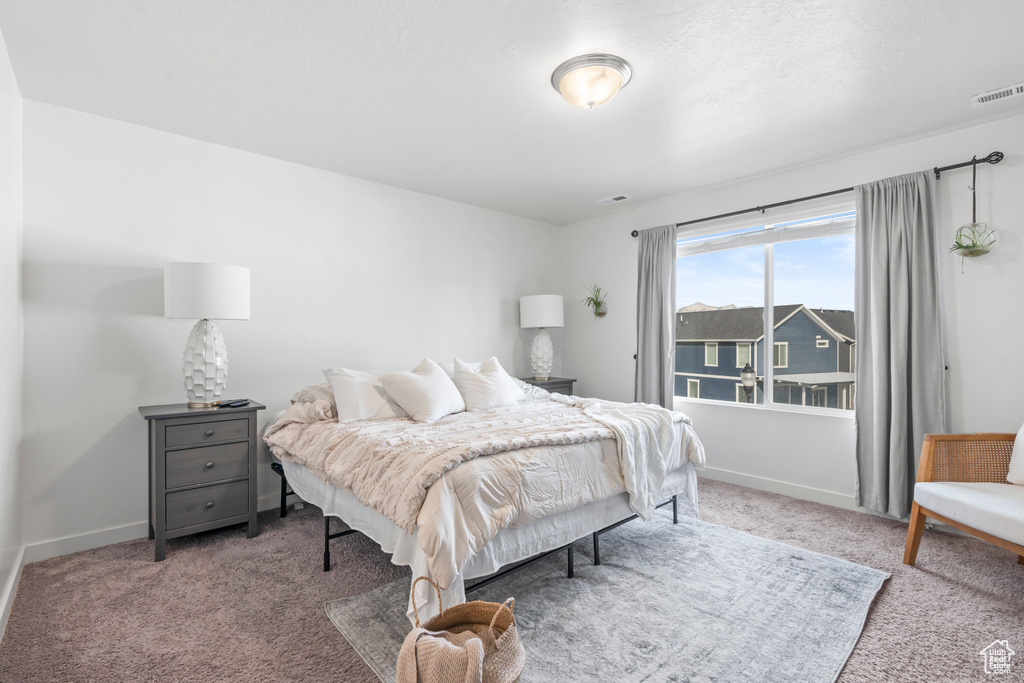 Carpeted bedroom with baseboards and visible vents