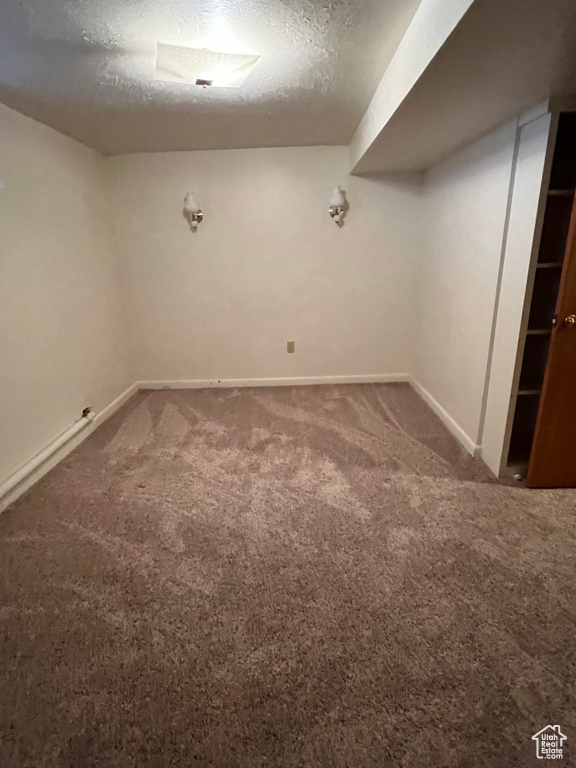 Finished below grade area featuring carpet floors, baseboards, and a textured ceiling