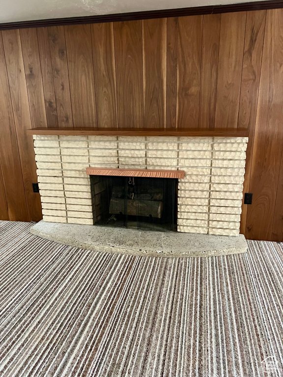 Interior details featuring wooden walls, a fireplace, and carpet floors