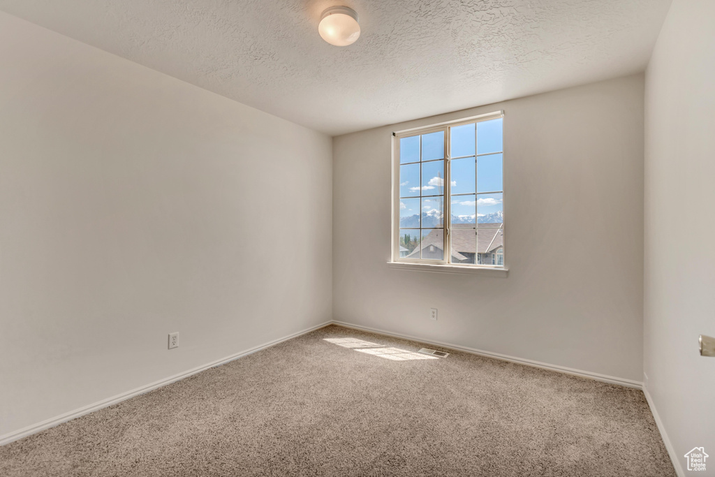 Empty room with a textured ceiling, baseboards, and carpet floors