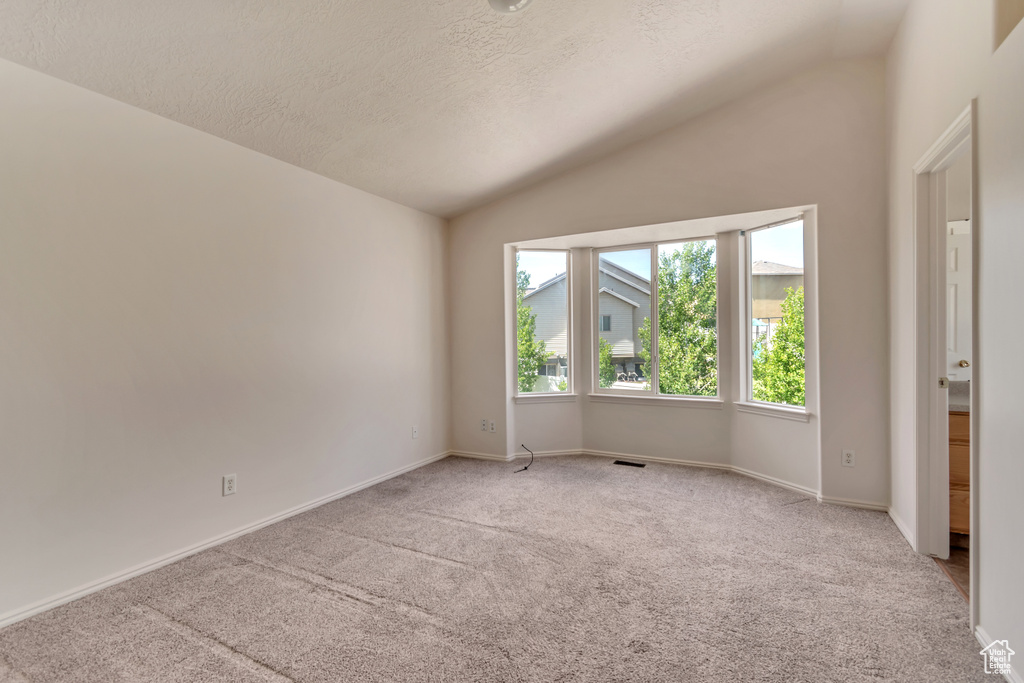 Carpeted spare room featuring vaulted ceiling, a textured ceiling, baseboards, and visible vents