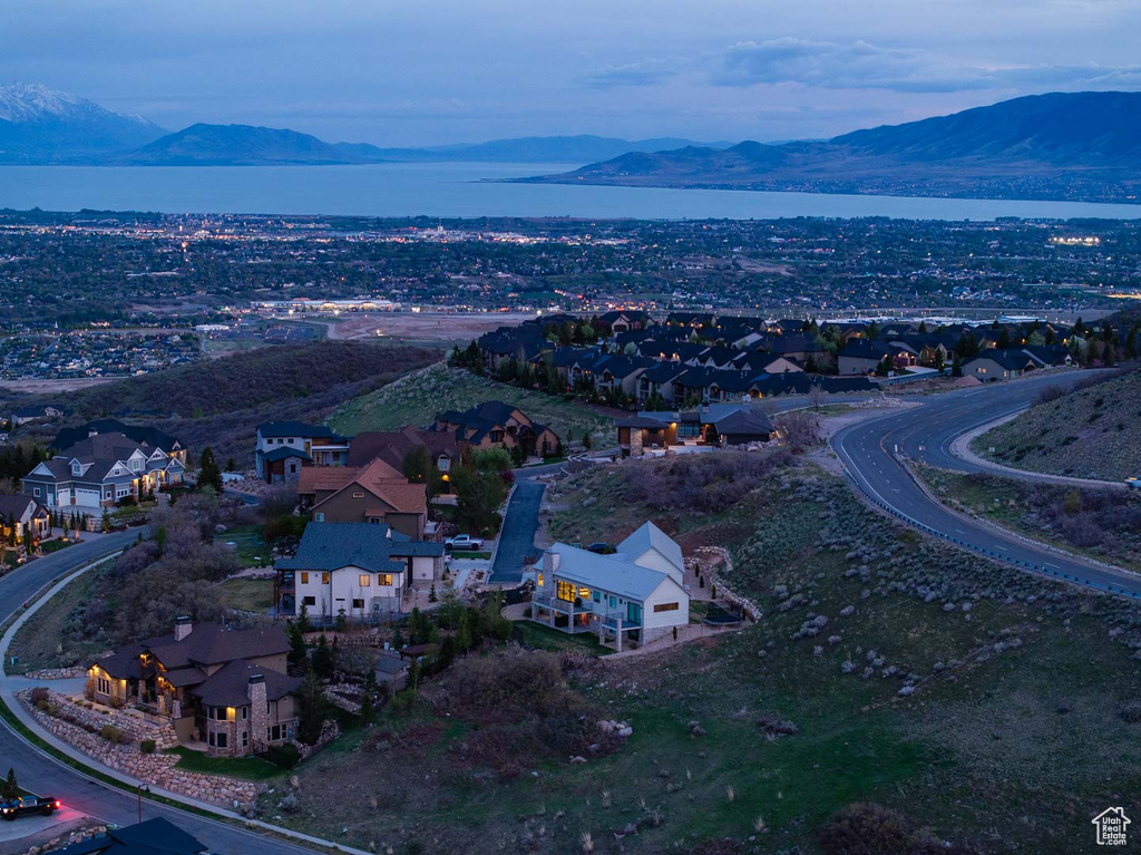 Aerial view with a residential view and a water and mountain view