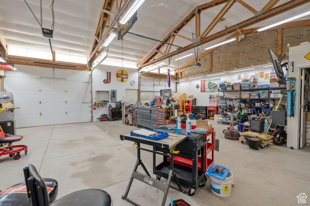 Garage featuring a workshop area