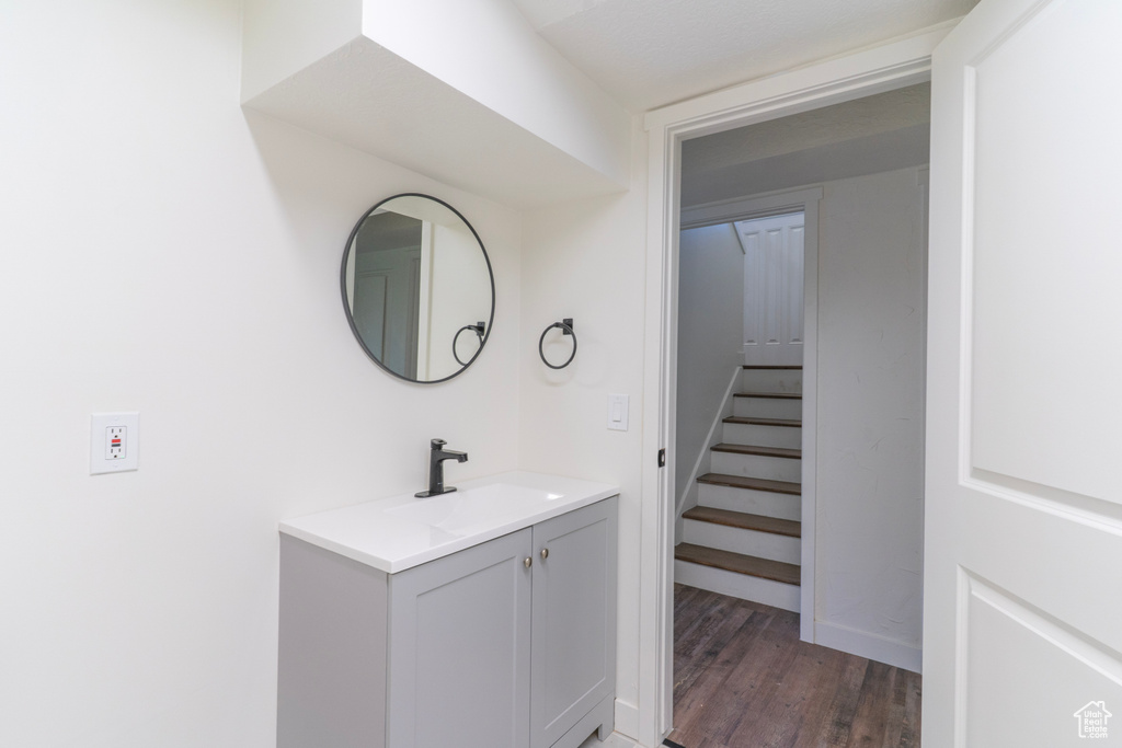 Bathroom featuring wood finished floors and vanity