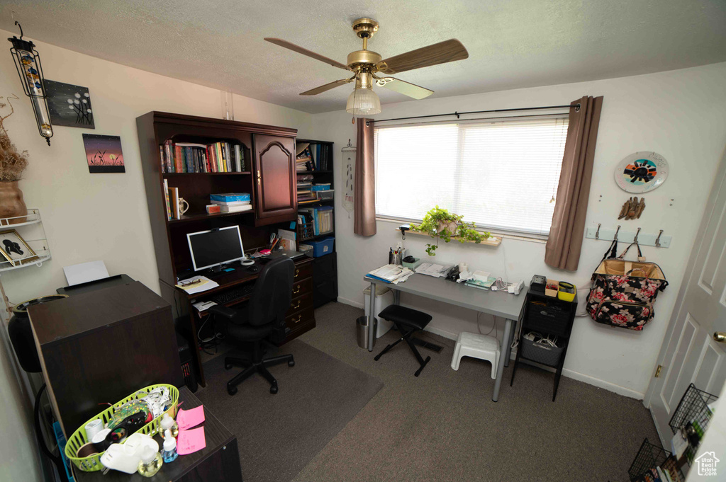 Carpeted office featuring ceiling fan and baseboards