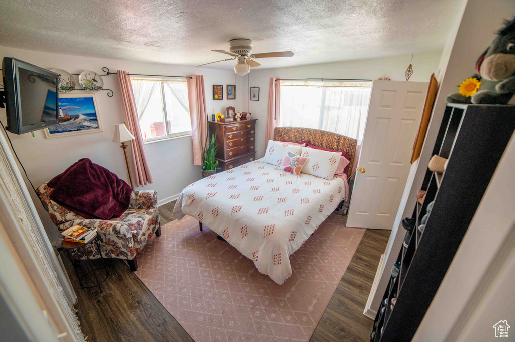 Bedroom with a textured ceiling, multiple windows, ceiling fan, and dark wood-type flooring