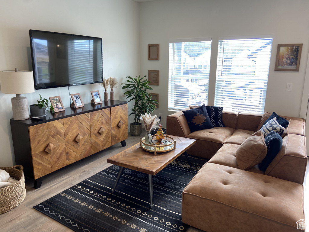 Living room with light wood-type flooring