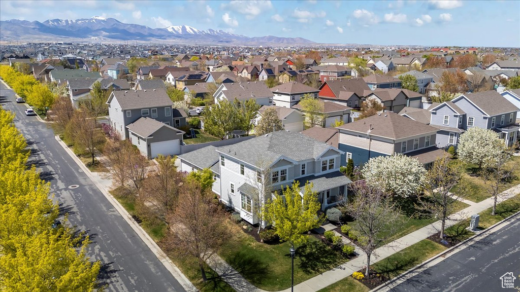 Aerial view featuring a mountain view and a residential view
