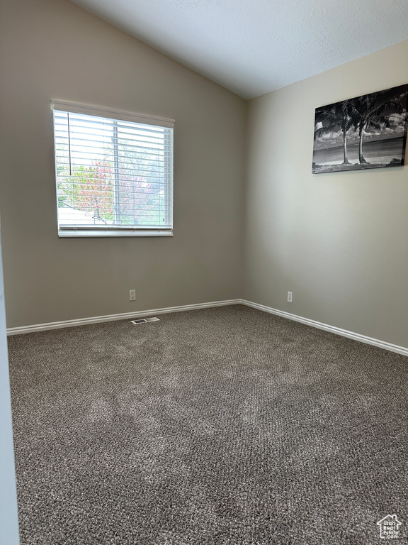 Carpeted spare room with visible vents, vaulted ceiling, and baseboards