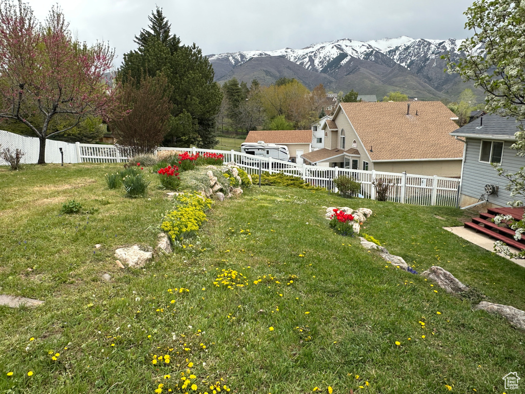 View of yard with a fenced backyard and a mountain view