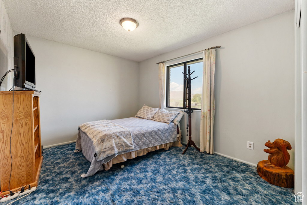Bedroom with carpet floors, a textured ceiling, and baseboards