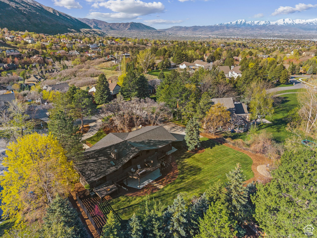 Aerial view featuring a mountain view and a residential view