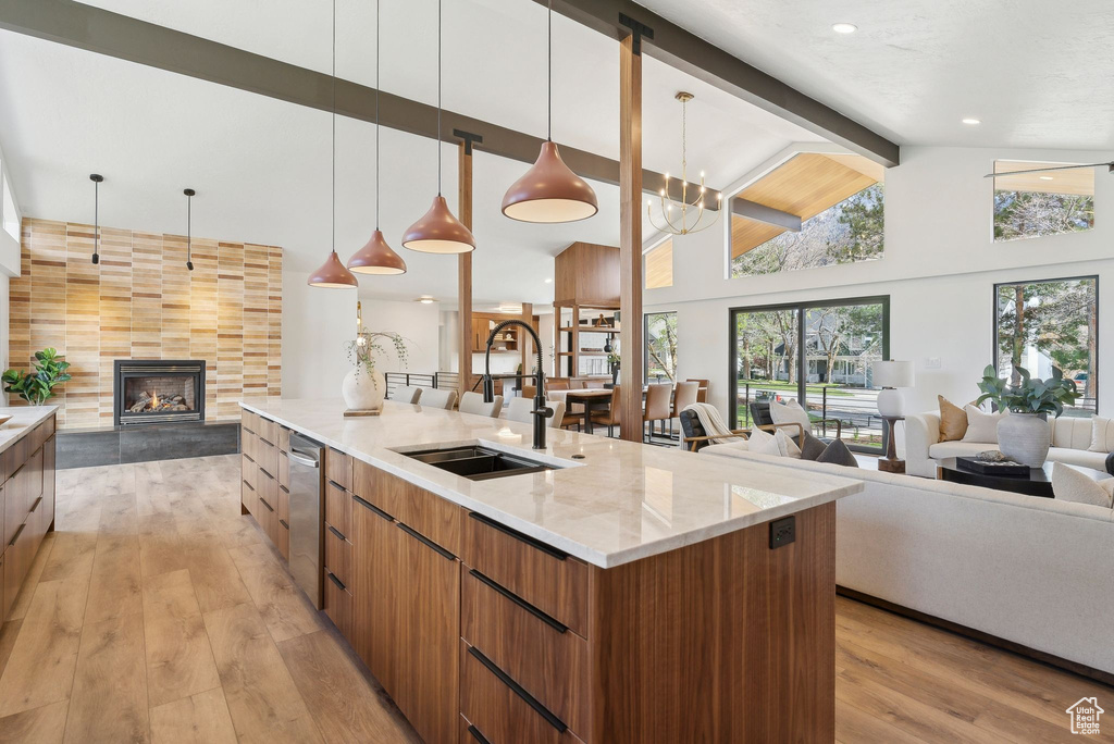 Kitchen with stainless steel dishwasher, a sink, a spacious island, open floor plan, and modern cabinets