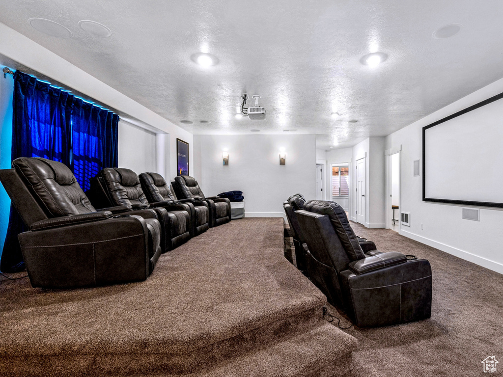Cinema room with carpet floors, a textured ceiling, and baseboards