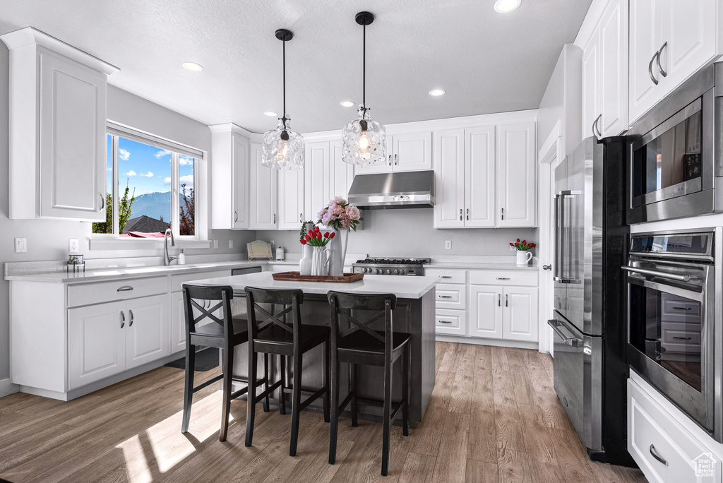 Kitchen with under cabinet range hood, appliances with stainless steel finishes, white cabinetry, and light wood-style flooring