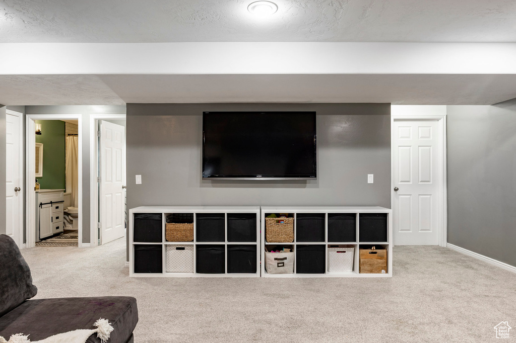 Carpeted living room featuring baseboards