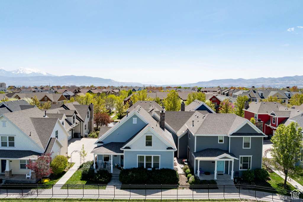 Aerial view featuring a residential view and a mountain view